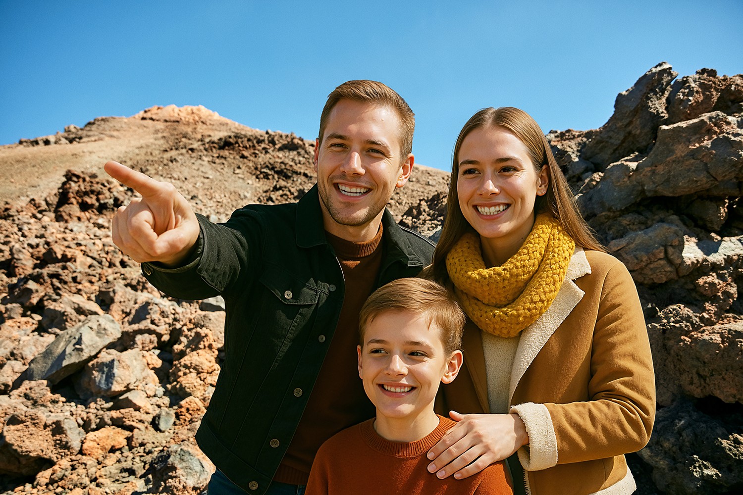 Family enjoying the spectacular views after taking the cable car up to 3,555 m altitude