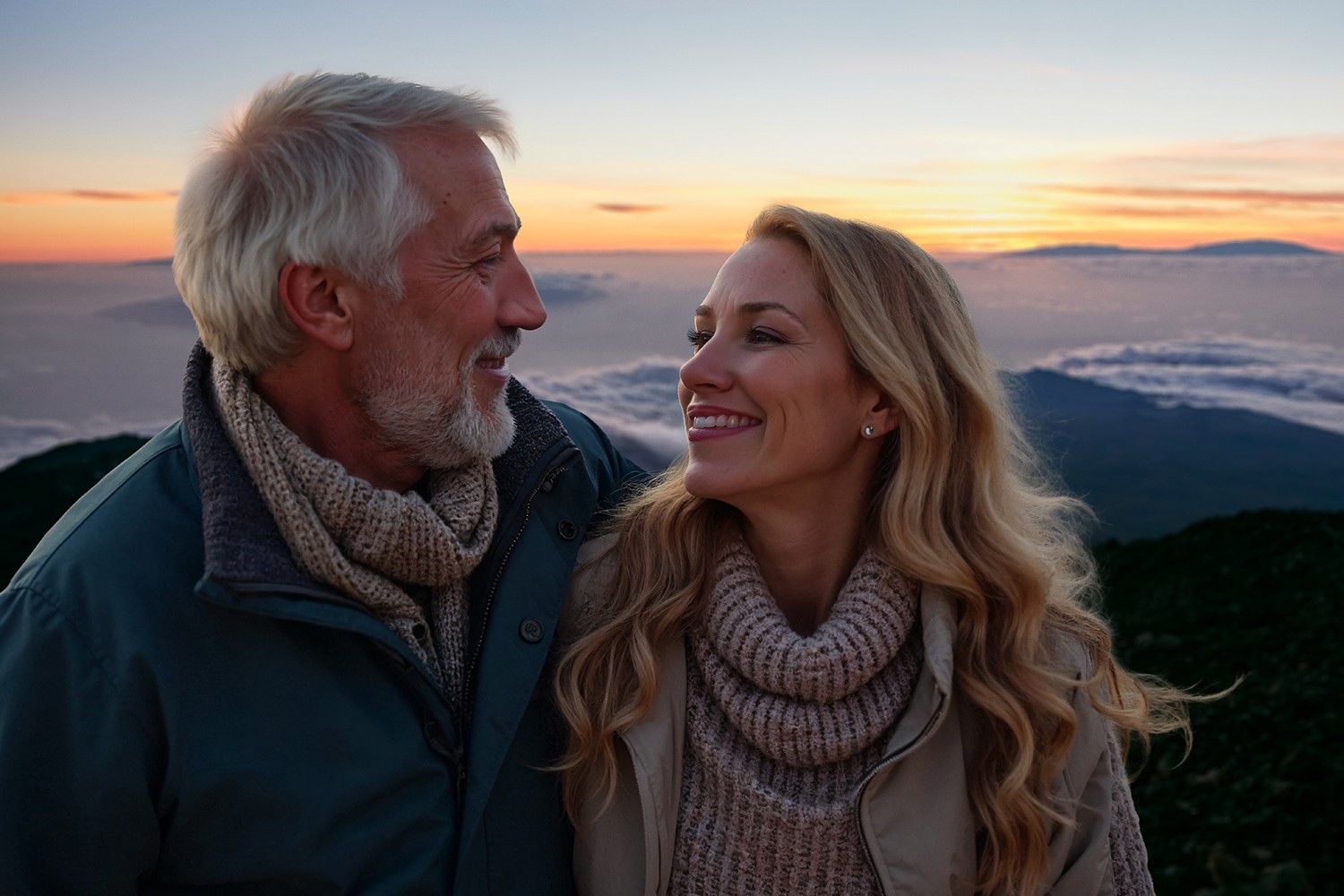 Couple enjoying the sunset from the top of Teide thanks to their exclusive Cable Car ticket