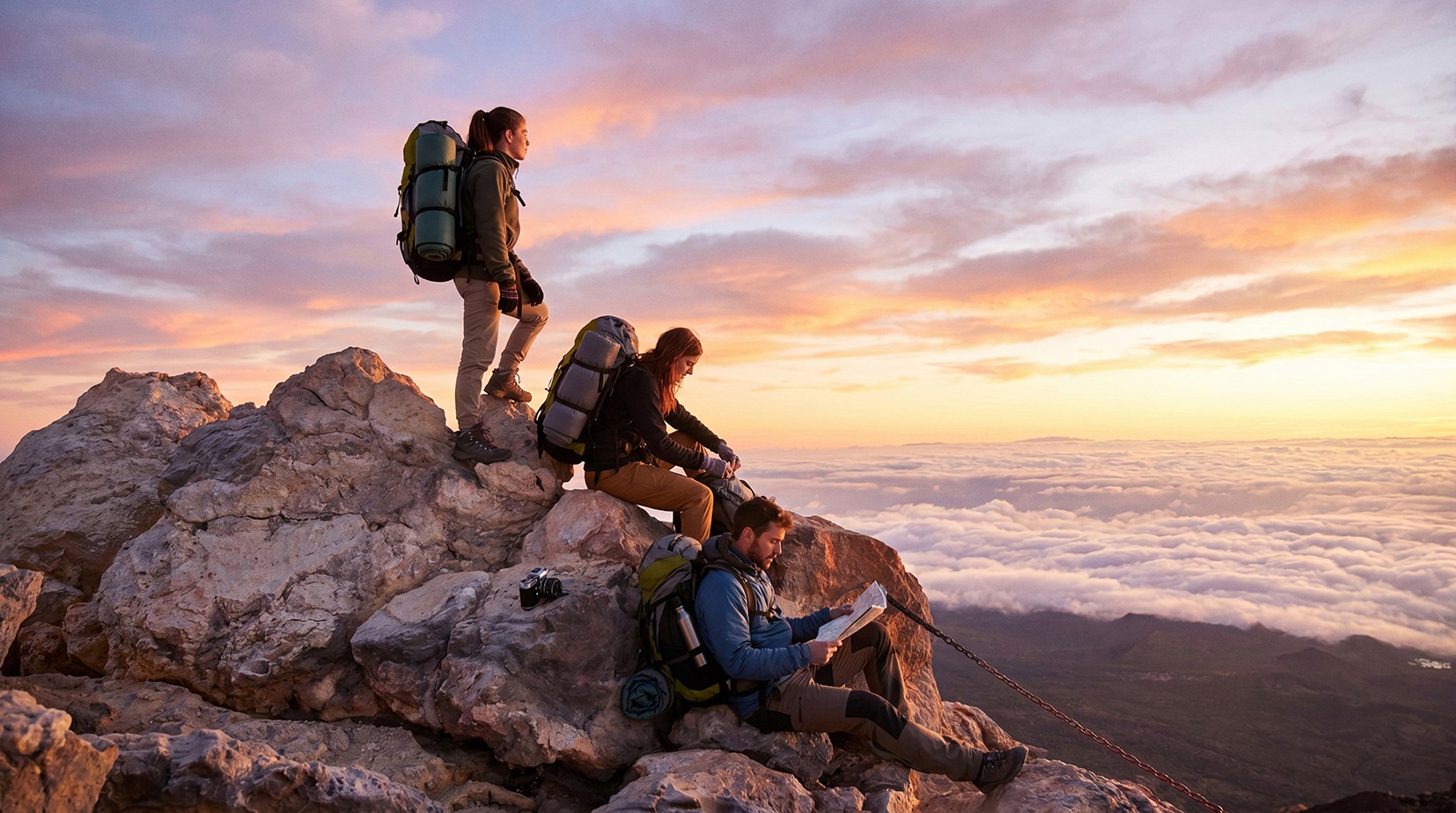 Ein Paar genießt eine Pause auf dem Gipfel des Teide