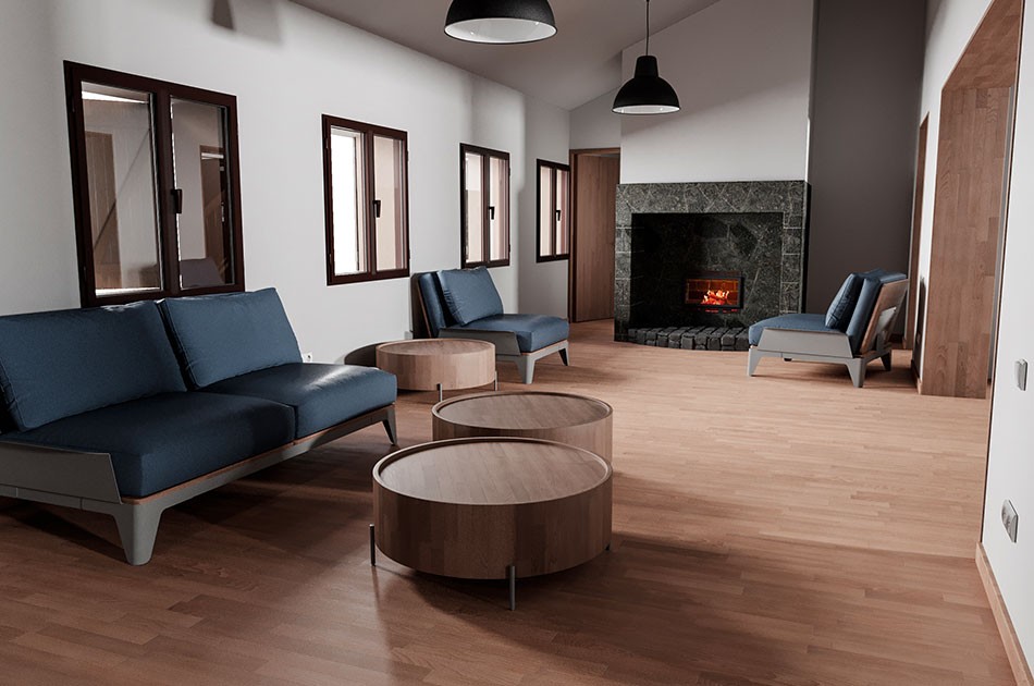 Salón con chimenea en el Refugio del Teide