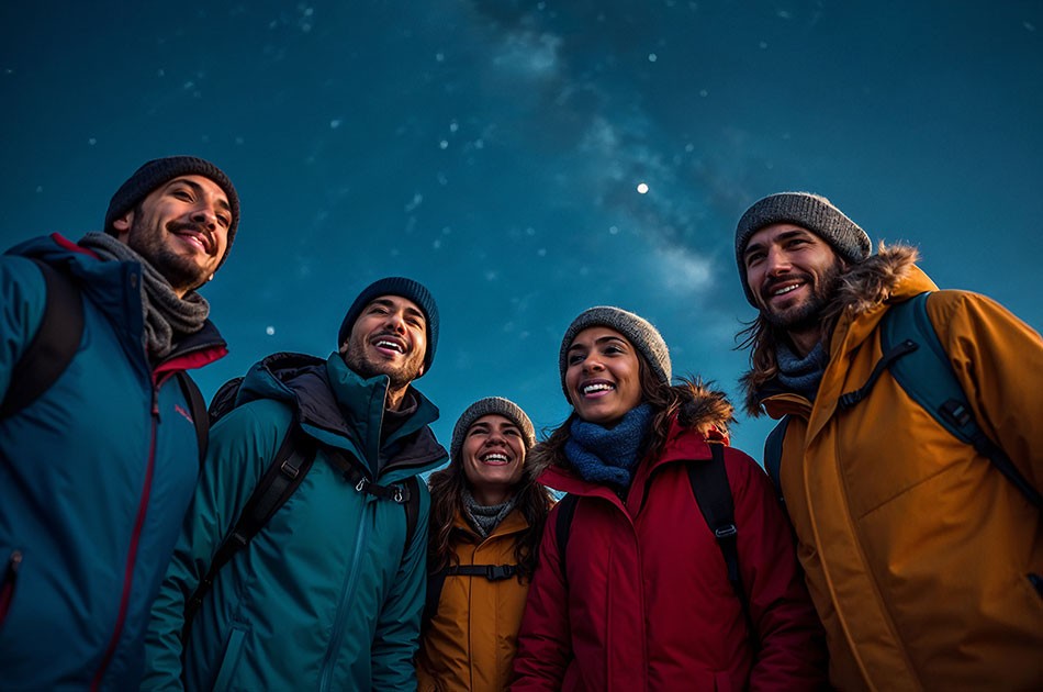Grupo de personas disfrutando de la noche estrellada en el refugio del Teide
